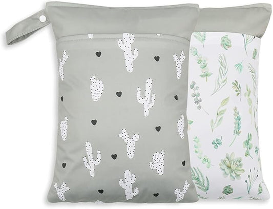 2 Pack Wet Dry Bags for Baby Cloth Diapers&Breast Pump Parts, Waterproof Reusable Wet Bag with Two Zippered Pockets & Handle, Beach Pool Gym Bag Stroller Yoga Toiletries Daycare Organizer for Swimsuit Wet Clothes, 11.8 inch x 15.7inch