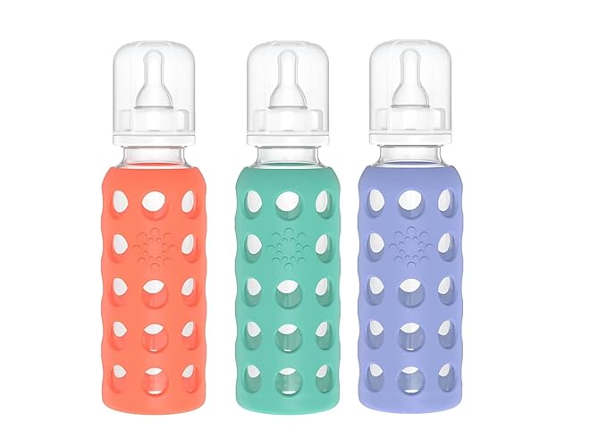 Lifefactory Glass Baby Bottle BPA Free | Protective Silicone Sleeve | 9 oz Pack of 3 | Papaya, Kale, Blueberry
