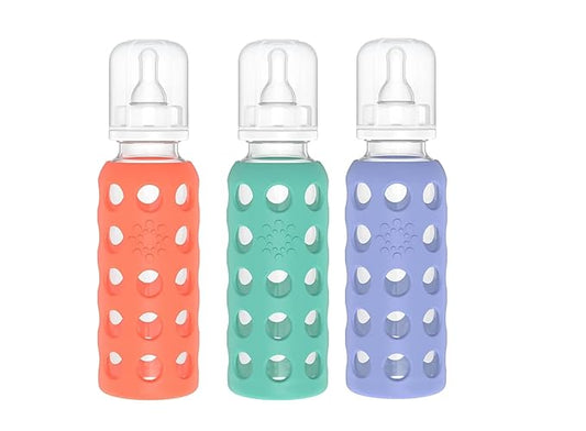 Lifefactory Glass Baby Bottle BPA Free | Protective Silicone Sleeve | 9 oz Pack of 3 | Papaya, Kale, Blueberry
