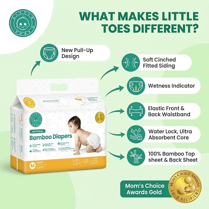 Little Toes Patented Natural Disposable Viscose Diapers ǀ Day and Overnight Diapers ǀ Sustainable ǀ Size 2-3 Medium | 36 Pack