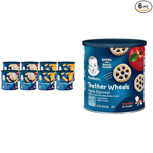 Gerber Snacks for Baby Value Pack, Lil Crunchies, Mild Cheddar & Veggie Dip (Pack of 8) and Teether Wheels, Apple Harvest (Pack of 6)