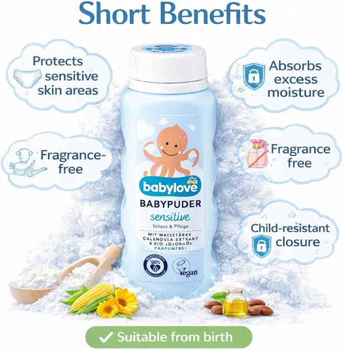 Babylove Baby Powder Sensitive with Calendula , Alcohol-Free, No Perfume, Vegan, 100g