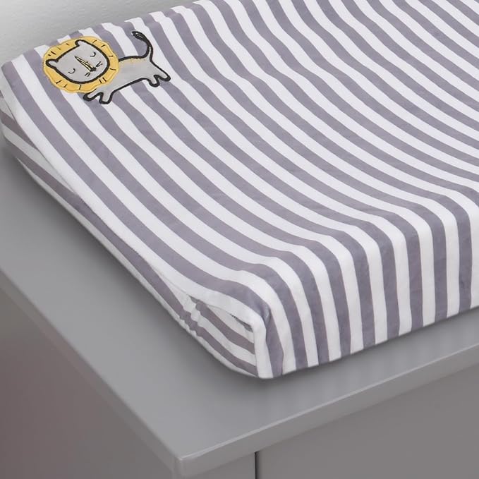 Little Love by NoJo Roarsome Lion - Grey, White Stripe Plush Changing Pad Cover with Yellow Lion Applique, Grey, White, Yellow