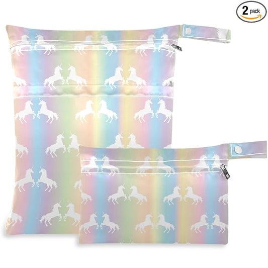 visesunny White Unicorn Colorful Rainbow 2Pcs Wet Bag with Zippered Pockets Washable Reusable Roomy for Travel,Beach,Pool,Daycare,Stroller,Diapers,Dirty Gym Clothes, Wet Swimsuits, Toiletries