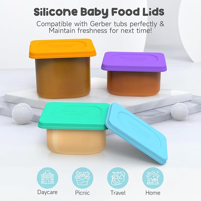 Morlike Baby Food Lids Compatible with Gerber Food Containers, Silicone Container Lid for Baby Food Storage, Reusable and Dishwasher Safe, BPA Free - Lids Only (4 Pack, 4 Color)