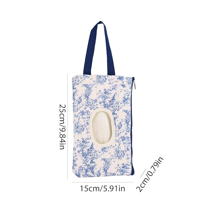 Quilted Baby Wipe Holder, Canvas Floral Quilted Pouch with Hanging Strap, Portable Diaper Wipe Holder for Travel Stroller-Classic Blue