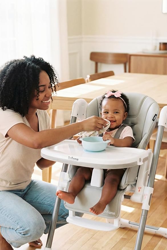 INFANS High Chair for Babies and Toddlers, Foldable Highchair with 7 Different Heights 4 Reclining Backrest Seat 3 Setting Footrest, Removable Tray Built-in Rear Wheels with Locks