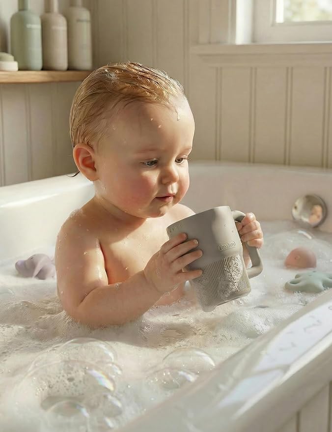 Roslim Silicone Baby Bath Rinse Cup, Shampoo & Body Rinser with Easy-Grip Handle for Rinsing Hair and Body Washing, Lightweight, Non-Toxic for Babies, Toddlers, Kids (Taupe)