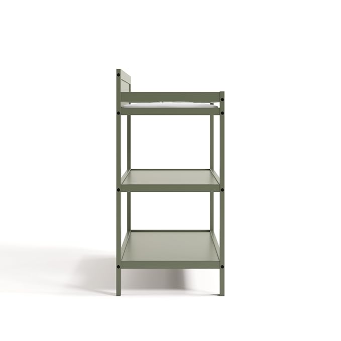 Storkcraft Alpine Changing Table (Olive) - Includes Water Resistant Changing Pad with Safety Strap, 2 Open Shelves for Storage