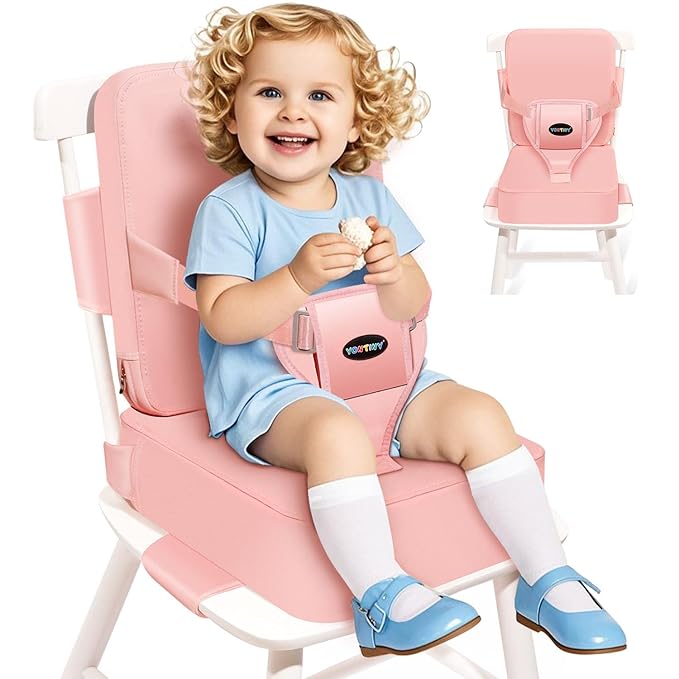 Toddler Booster Seat for Kitchen Chair with Removable Backrest & Adjustable Straps, PU Portable Waterproof & Non-Slip Booster Seat for Dining Table, Travel Child Eating Cushion - Pink