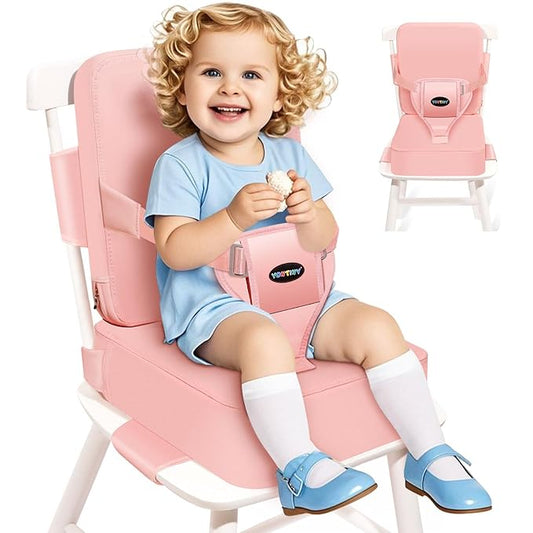 Toddler Booster Seat for Kitchen Chair with Removable Backrest & Adjustable Straps, PU Portable Waterproof & Non-Slip Booster Seat for Dining Table, Travel Child Eating Cushion - Pink