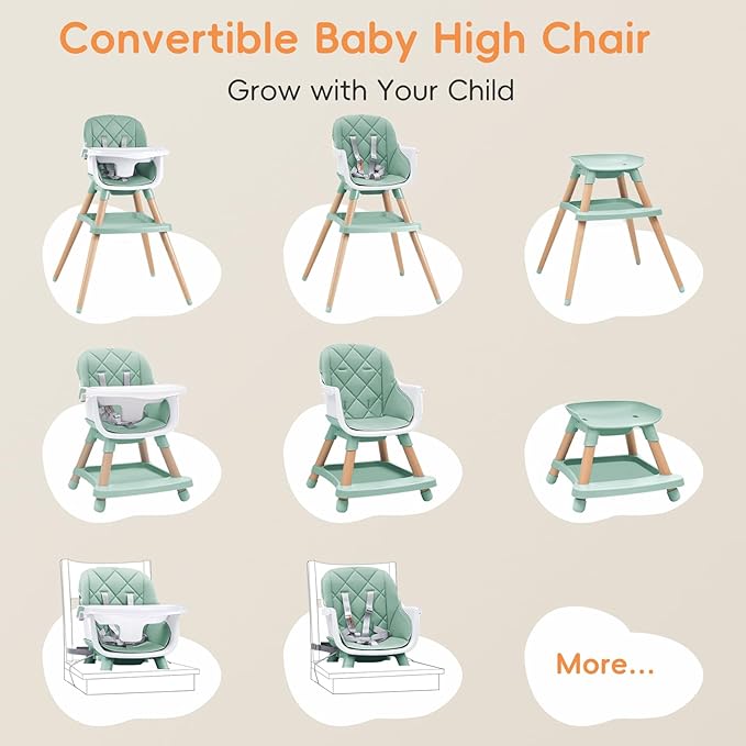 Babyliebe Baby High Chair, 8 in 1 Convertible Wooden High Chair for Babies and Toddlers, Converts to Booster Seat, Toddler Chair & Stool, with Removable Double Tray, Adjustable Legs & Footrest (Green)