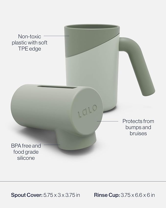 Lalo Bathtime Essentials - 3-Piece Set Includes Knee & Elbow Saver, Rinse Cup, & Spout Cover - Comfortable Baby Bath Essentials Made from Safe, Durable Materials - Easy to Clean - Sage