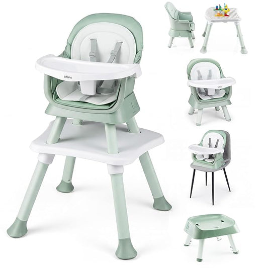 INFANS 8 in 1 Baby High Chair, Convertible Highchair for Babies and Toddlers, Infant Dining Booster Seat, Building Block Table, Kids Stool Table Chair Set with Removable Tray (Green)