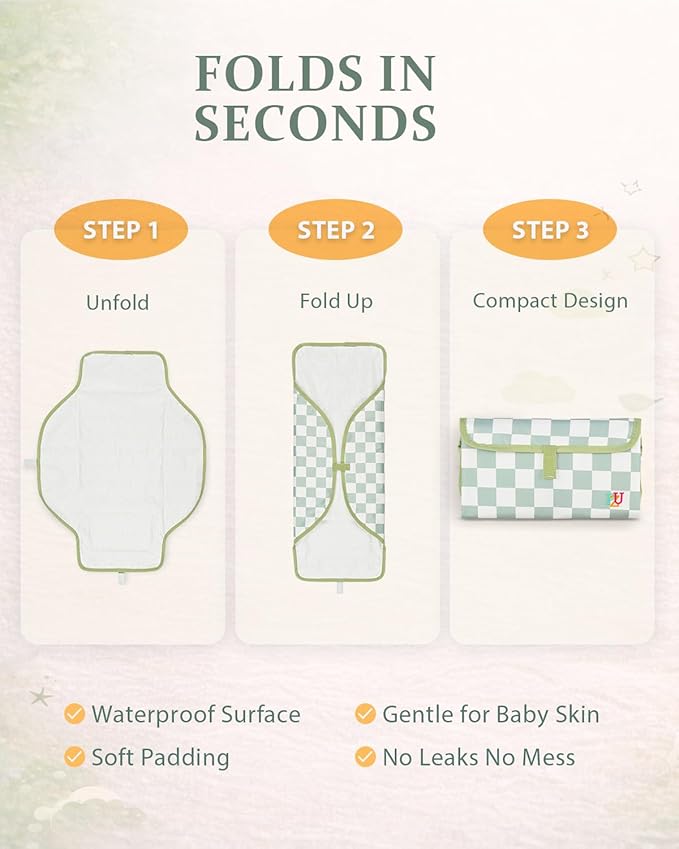 PZU Portable Diaper Changing Pad - Waterproof Travel Changing Mat with Built-in Pillow, Gifts for Baby Shower, Newborn Girls & Boys（Sage Checkers）
