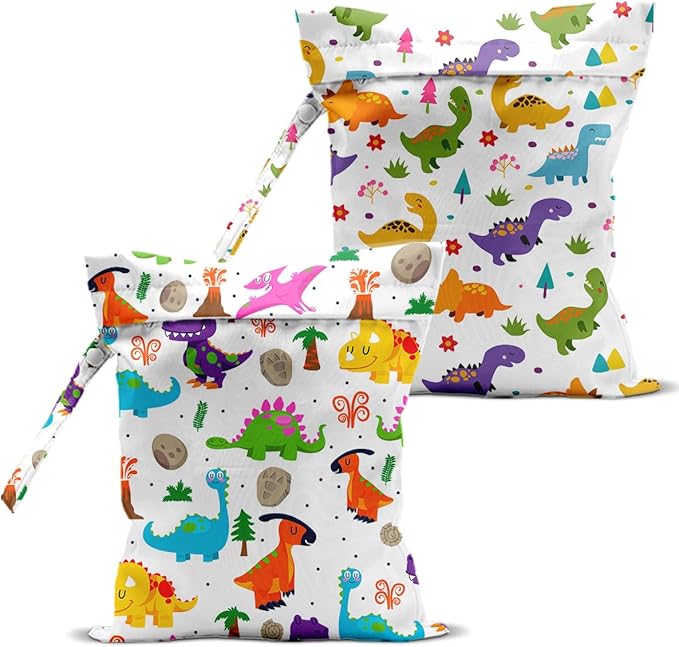 2 PCS Dinosaur Style Travel Laundry Bags 12x10 Inch, Waterproof Reusable Wet Bag with Handle, Wet Dry Bag for Swimsuit Travel Beach Pool Diapers Dirty Yoga Gym Clothes Stroller Toiletries