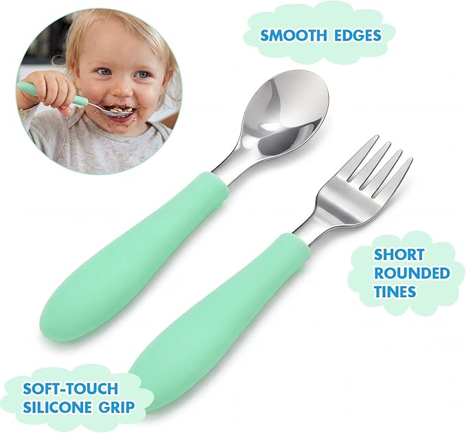 Pimoys 6 Pieces Toddler Utensils, Kids Forks and Spoons with Silicone Handle, Stainless Steel Toddler Silverware Set, Dishwasher Safe