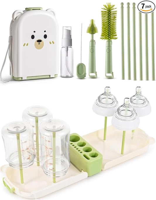 Travel Bottle Cleaner kit, 7in1 Baby Toddler Travel Essential Silicone Bottle Brush Set, Nipple, Drying Rack, Straw, & Breast Pump Cleaning, Soap Dispenser & Organizer Case, Gift Mom