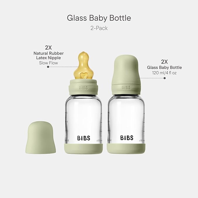 BIBS Glass Baby Bottles 2-Pack, 4 Oz. Anti-Colic System for Gas Reduction. Vented Round Natural Rubber Latex Nipple. Supports Infant and Newborn Breastfeeding - 120 ml (Pack of 2), Sage