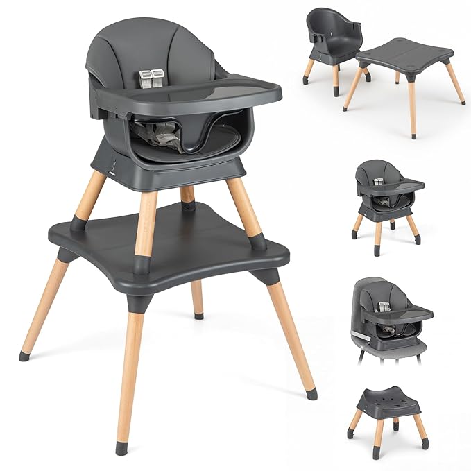 BABY JOY High Chair, 9-in-1 Convertible Highchairs for Babies and Toddlers, Booster Seat | Table & Chair Set | Stool, Adjustable Legs, Removable Tray, Safety Harness & PU Cushion (Dark Gray)