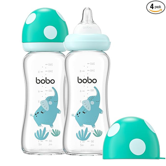 YOHKOH Natural Glass Baby Bottle with Level 2 Medium Flow Nipple, Newborn Anti-Colic Baby Bottles, Wide Neck Mushroom Baby Glass Bottle (8.8ounce (Pack of 2), Blue2)
