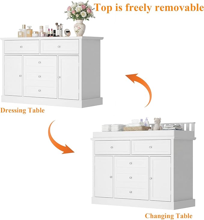 Timechee 46“ Baby Dresser with Changing Table Top, White Dresser with Storage Drawers and Doors for Nursery, Multifunctional Nursery Baby Changing Table Dressers, Diaper Station Cabinet for Kids Room