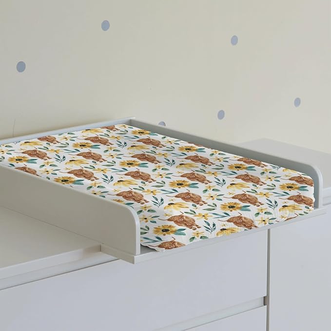 Changing Pad Cover for Baby Girls, 32"/34" x 16" Safe Snug Diaper Change Table Pad Covers, Soft Stretchy Changing Pad Sheets Highland Cow Sunflower Theme Nursery Decor