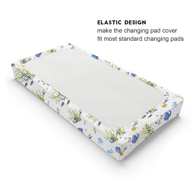Colorful Undersea Changing Pad Covers Ocean Fishes Jellyfish Sea Weeds Diaper Change Table Pad Sheets for Boys Girls Nautical Marine Life Soft Stretch Fitted Changing Mat Sheets 32''x16''