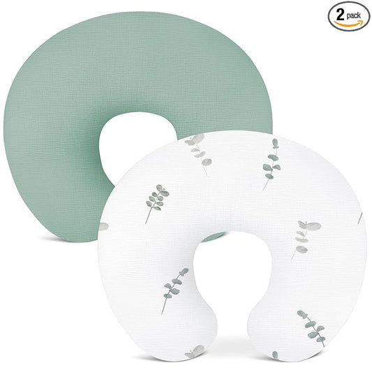 Nursing Pillow Covers 2 Pack, Muslin Nursing Cover for Breastfeeding Pillows, Comfortable for Baby Girls and Boys (Leaf-A & Sage)