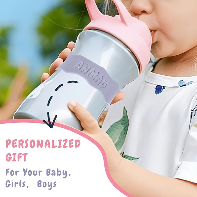 3 Pack Personalized Water Bottle Name Bands, Custom Silicone Baby Bottle Labels for Daycare Reusable, Laser Engraving Bottle Name Tags, Customized Kids Cups Grip Straps Waterproof