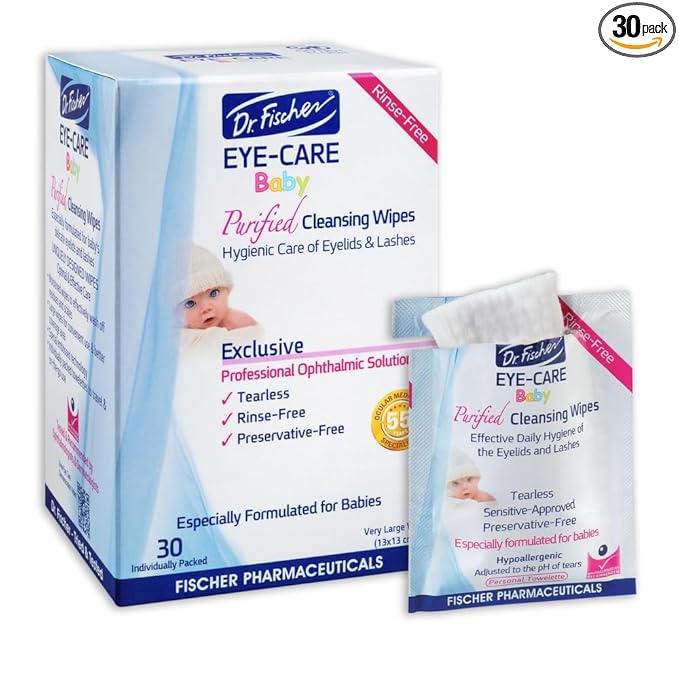 Purified, Non Irritating, Tear Free, Hypoallergenic & Sensitive Approved Baby Eyelid Wipes by Dr. Fischer – Pre-moistened, Rinse Free and Pediatrician Recommended - (30)