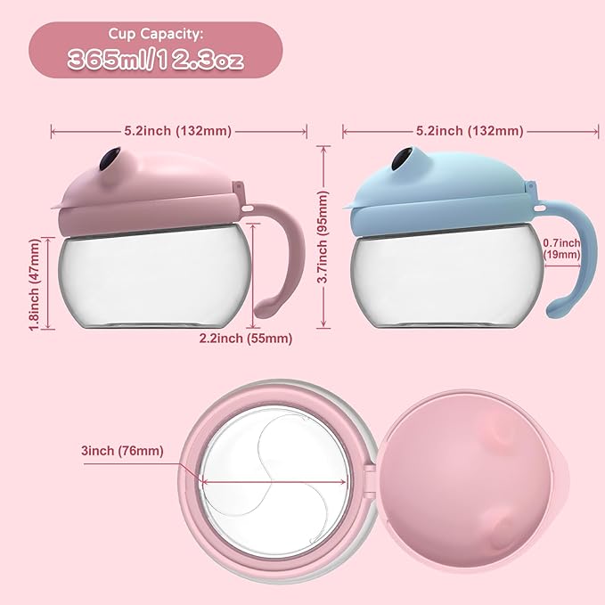 BeneLabel 2 Pack 12.3 Oz Snack Cups for Toddlers Spill Proof Food Grade Tritan Baby Snack Container with Cute Frog Lid and Handle PVC Free Kids Snack Catcher Fit for On-the-Go (Pink & Blue)