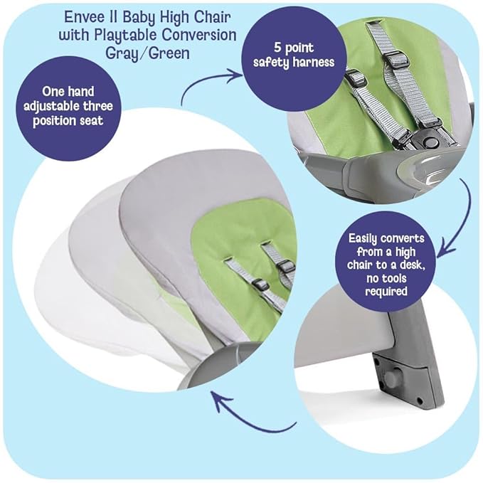 Badger Basket Envee II Convertible Baby High Chair with Infant Feeding Seat, Booster Seat, and Toddler Desk with Chair - Gray/Green
