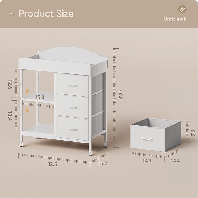 YeTom Changing Table Dresser, Baby Dresser with 3 Fabric Drawers and 2 Shelves, Multi-Functional Baby Changing Table with Pad, Classic Nursery Dresser, Diaper Changing Station for Nursery, White