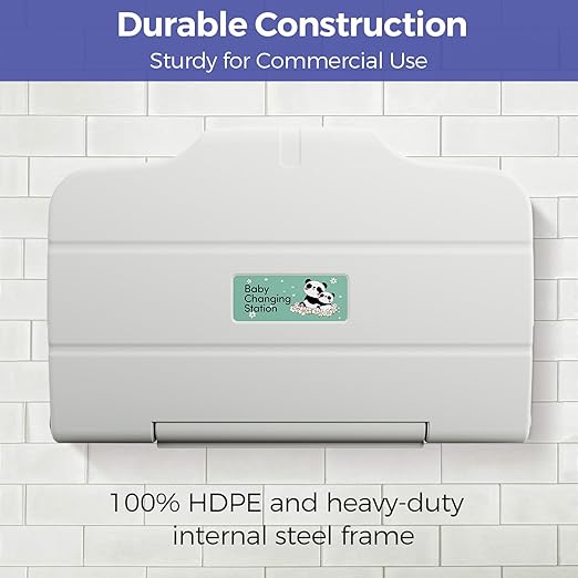 Stardrix Panda Care ADA Compliant Horizontal Wall Mounted Baby Changing Station, Foldable Diaper Changing Table with Liner Dispenser and Safety Straps for Commercial and Home Use