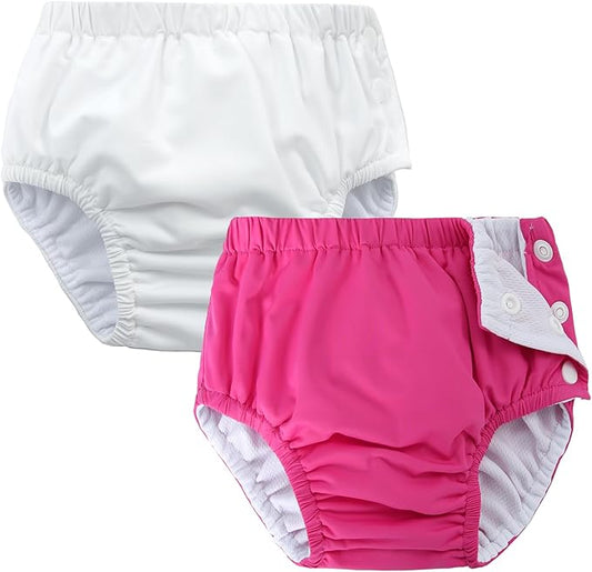 2 Pack Baby Newborn Reusable Swim Diapers Washable Toddler Unisex Swim Diaper Infant Swimming Diapers White& Hot Pink, 2-3T