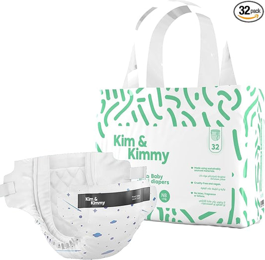 Kim & Kimmy Eco Diapers, New Born, Up to 11 lbs, 32 Diapers - 12 Hour Leak Protection, No Rashes, Hypoallergenic, Ultra-Soft & Highly Absorbent - Cruelty Free & Vegan - Space Travel
