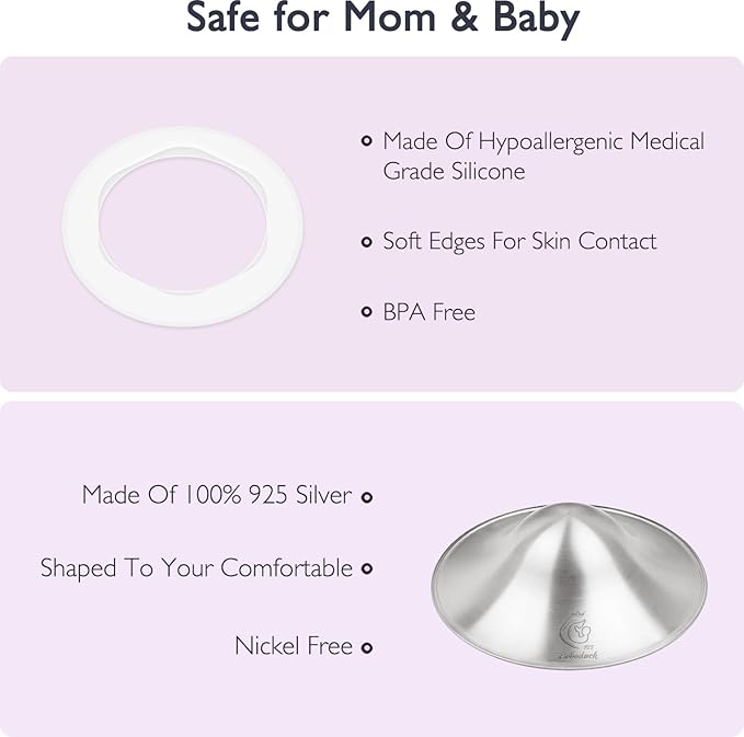 Boboduck 925 Silver Nipple Covers Breastfeeding - The Original Silver Nursing Cups - Protect and Soothe Sore Nipples - Silver Nipple Shield Guards with Soft Silicone Ring