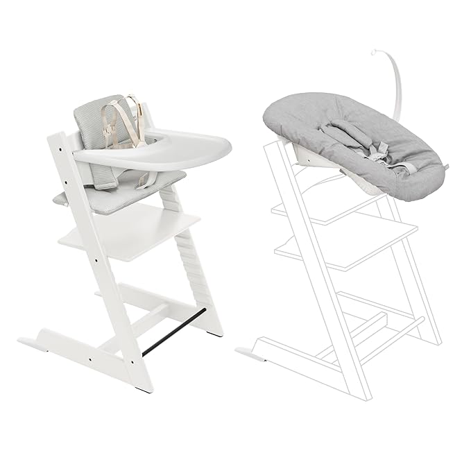 Stokke Tripp Trapp High Chair 2 (White) + Newborn Set + Cushion 2 (Nordic Grey) + Stokke Tray (White) - Includes Chair & Baby Set with Removable Harness for Children 6-36 Months