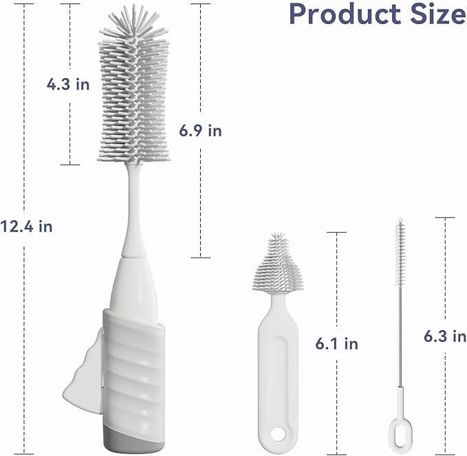 Baby Bottle Brush Set, Innovative Efficient Press-to-Spin Brush Cleaner - Includes Silicone Bottle Brush, Nipple Brush, Straw Cleaner - Spinning Generates Rich Foam for Deep Cleaning, Gray