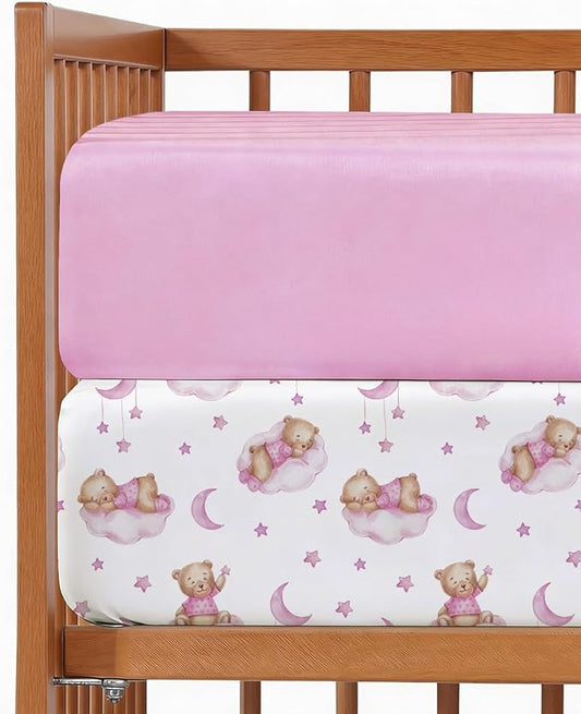 Baby Crib Sheets for Boys & Girls - Pack of 2 Fitted Microfiber Crib Sheets for Standard Crib & Toddler Mattress - Soft, Breathable & Wrinkle Free - Machine Washable, Oeko Tex - 52x28x8in - Dream Bear