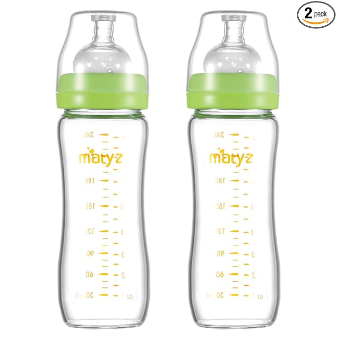 Matyz Glass Breastmilk Baby Feeding Bottle with Nipple, 2 Pack, 8 oz Slim and Light Bottle Easy to Hold, Food Grade Borosilicate Glass, Wide Neck Easy to Clean, No BPA (Green Lids)