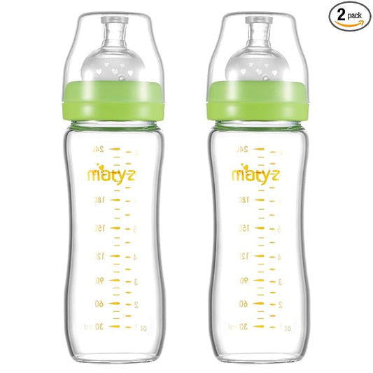 Matyz Glass Breastmilk Baby Feeding Bottle with Nipple, 2 Pack, 8 oz Slim and Light Bottle Easy to Hold, Food Grade Borosilicate Glass, Wide Neck Easy to Clean, No BPA (Green Lids)