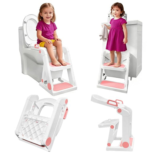 Potty Training Seat, Primlect Upgrade Toddler Toilet Seat for Kids Boys Girls, 2 in 1 Potty Training Toilet with Step Stool, Adjustable Seat, Non-Slip Pad, Splash Guard (Soft Pink)