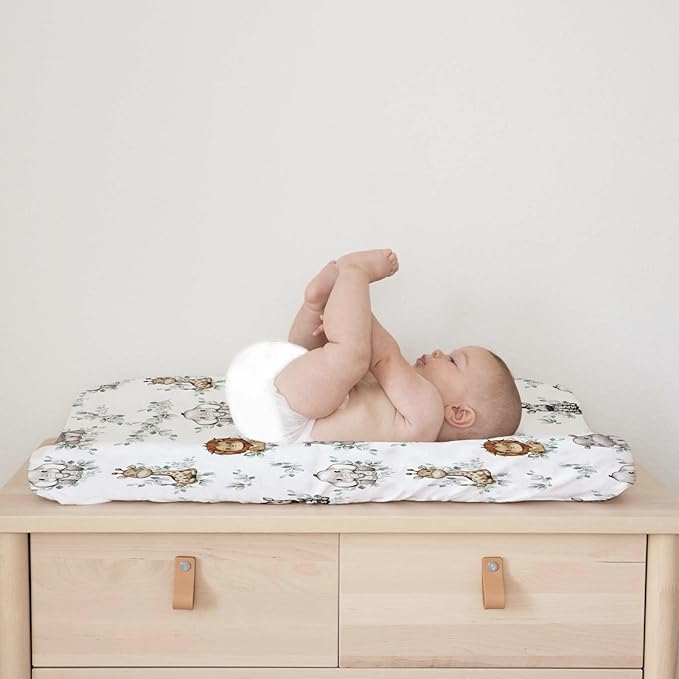 Baby Safari Animals Green Leaves Changing Pad Covers Lion Elephant Giraffe Zebra Hippo Boho Leaf Diaper Change Table Pad Covers for Girl Boy Soft Breathable Stretch Changing Mat Sheets 32''x16''