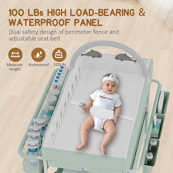 Diaper Changing Station, Portable Changing Table for Baby, Diaper Changing Table with Storage Drawers, Waterproof Baby Changing Station with Wheels and Adjustable Height for Newborn Infant (Green)