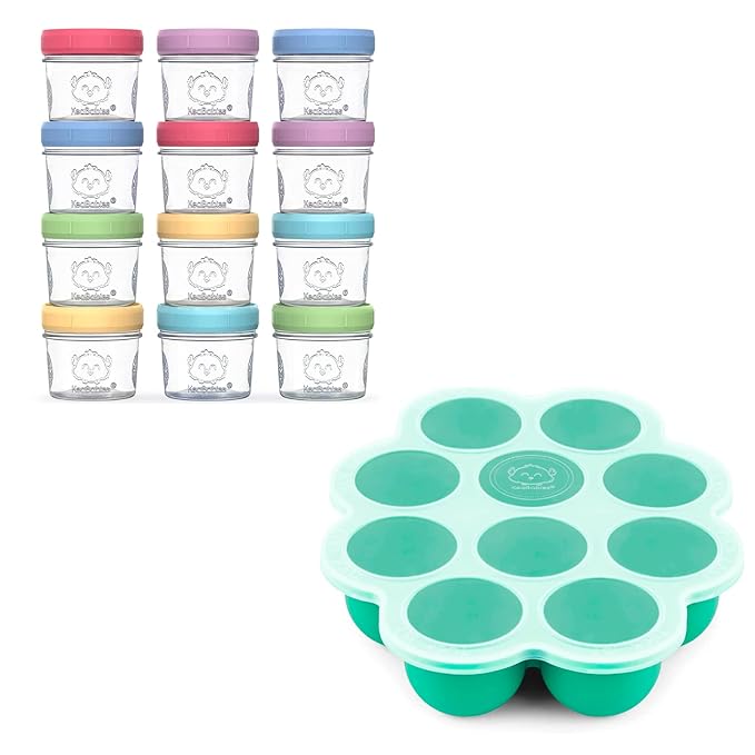 KeaBabies 12-Pack Baby Food Glass Containers and Silicone Baby Food Freezer Tray with Clip-on Lid - 4 oz Leak-Proof, Microwavable, Baby Food Storage Container - Breast Milk Trays for Freezer