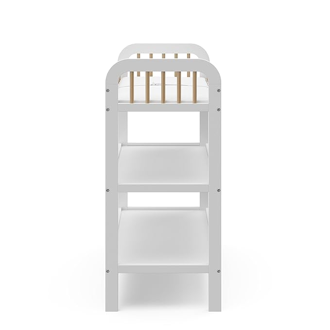 Storkcraft Pasadena Changing Table with Water-Resistant Changing Pad (White with Driftwood) - GREENGUARD Gold Certified, Includes Bonus Water-Resistant Changing Pad with Safety Strap, 2 Open Shelves