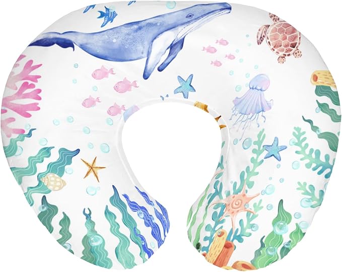 Colorful Ocean Animals Baby Nursing Pillow Covers for Boy Girl Whale Turtle Jellyfish Sea Horse Weeds Nursery Slipcovers for Breastfeeding Pillows Marine Life Soft Stretchy Cover for Newborn Infant