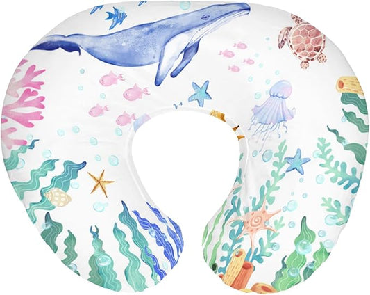 Colorful Ocean Animals Baby Nursing Pillow Covers for Boy Girl Whale Turtle Jellyfish Sea Horse Weeds Nursery Slipcovers for Breastfeeding Pillows Marine Life Soft Stretchy Cover for Newborn Infant